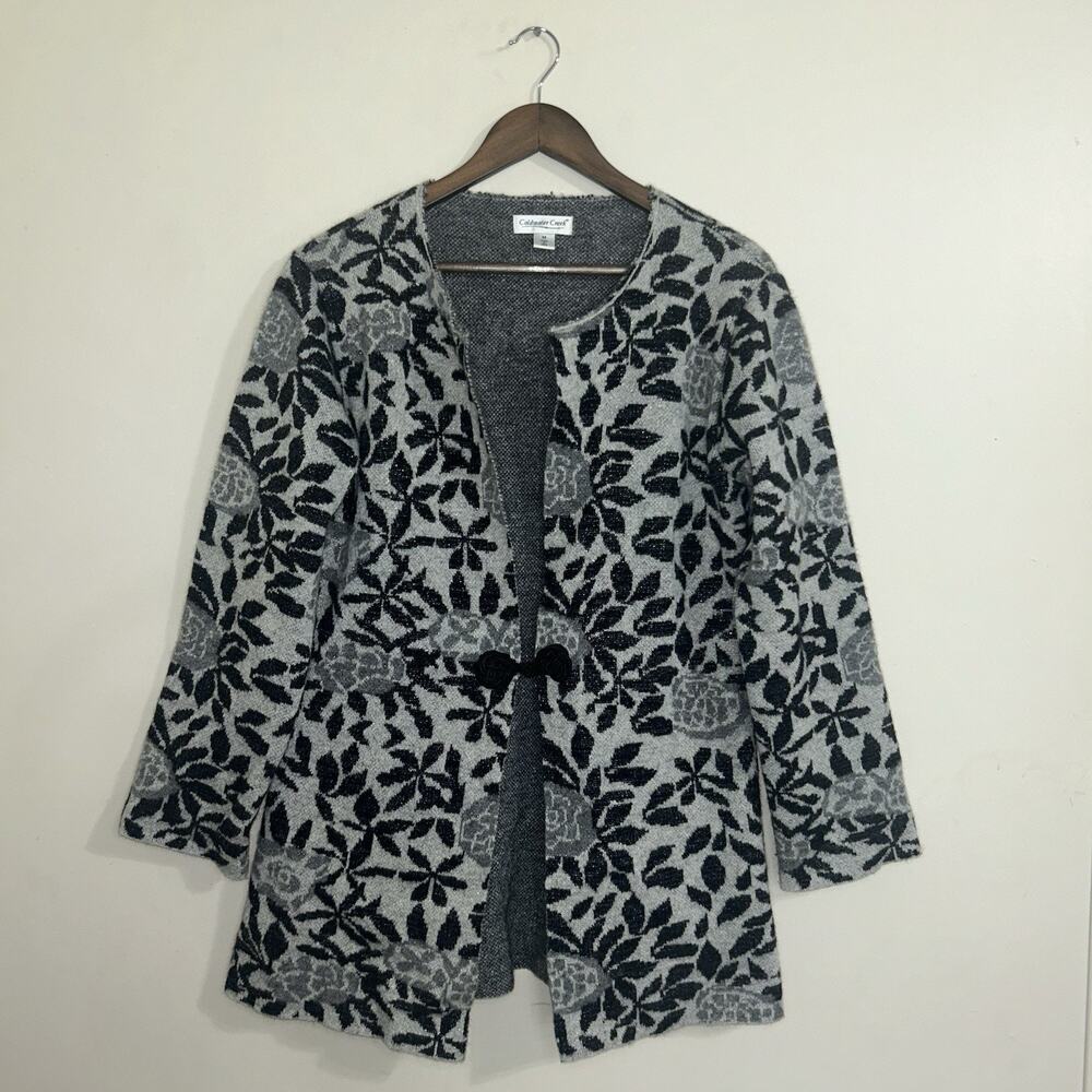 Coldwater Creek Grey Wool Blend Floral Open Front Cardigan Size M